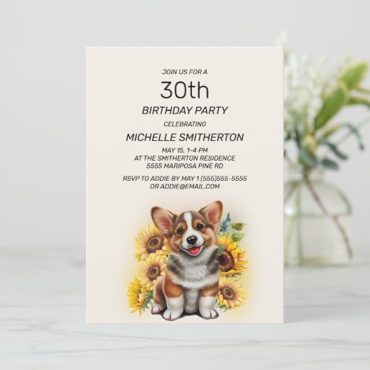 Cute Corgi Dog Sunflower 30th Birthday Kaart (Staand voorkant)