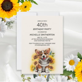 Cute Corgi Dog Sunflower 40th Birthday Kaart