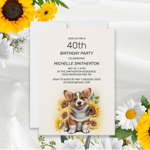 Cute Corgi Dog Sunflower 40th Birthday Kaart
