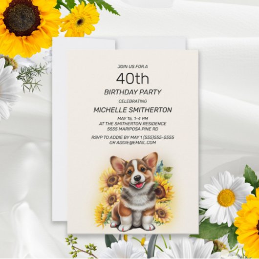 Cute Corgi Dog Sunflower 40th Birthday Kaart