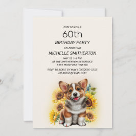Cute Corgi Dog Sunflower 60th Birthday Kaart