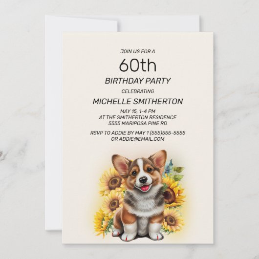 Cute Corgi Dog Sunflower 60th Birthday Kaart (Voorkant)