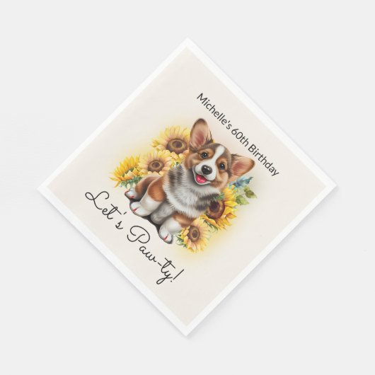 Cute Corgi Dog Sunflower 60th Birthday Servet (Hoek)