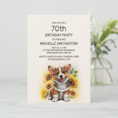 Cute Corgi Dog Sunflower 70th Birthday Kaart (Staand voorkant)