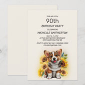 Cute Corgi Dog Sunflower 90th Birthday Kaart (Voorkant / Achterkant)