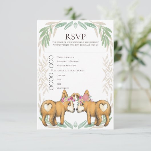 Cute Corgi Dog Two Brides Gay Wedding RSVP (Staand voorkant)