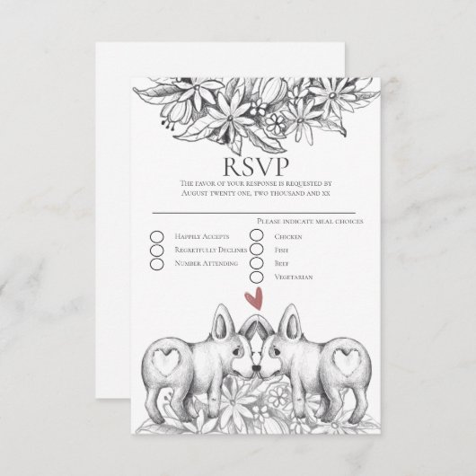 Cute Corgi Dogs Pencil Drading Wedding RSVP (Voorkant / Achterkant)
