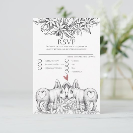Cute Corgi Dogs Pencil Drading Wedding RSVP Kaartje (Staand voorkant)