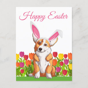 Cute Corgi Easter Bunny Ears Tulip Flowers Briefkaart