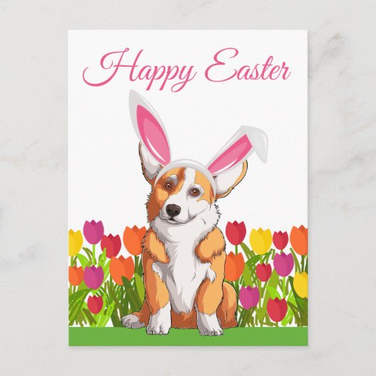 Cute Corgi Easter Bunny Ears Tulip Flowers Briefkaart (Voorkant)