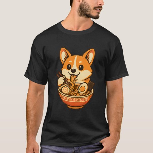 Cute Corgi Eating Ramen ,Kawaii Dog T-Shirt Design (Voorkant)