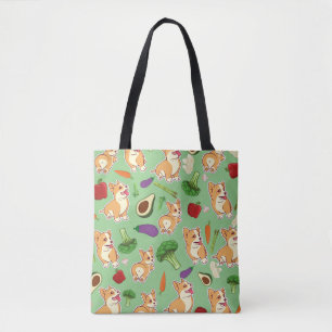 Cute Corgi en Groenten Voedselpatroon Groen Tote Bag