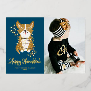 Cute Corgi en String Lights Photo Happy Hanukkah Folie Feestdagenkaart
