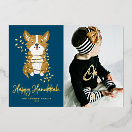 Cute Corgi en String Lights Photo Happy Hanukkah Folie Feestdagenkaart