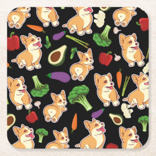 Cute Corgi en Vegetables Food Pattern Black Kartonnen Onderzetters