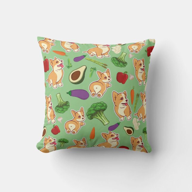 Cute Corgi en Vegetables Food Pattern Green Kussen (Voorkant)