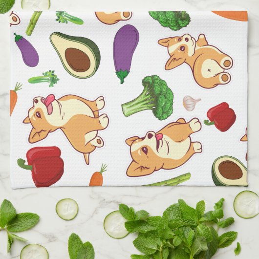 Cute Corgi en Vegetables Food Pattern Theedoek (Gevouwen)