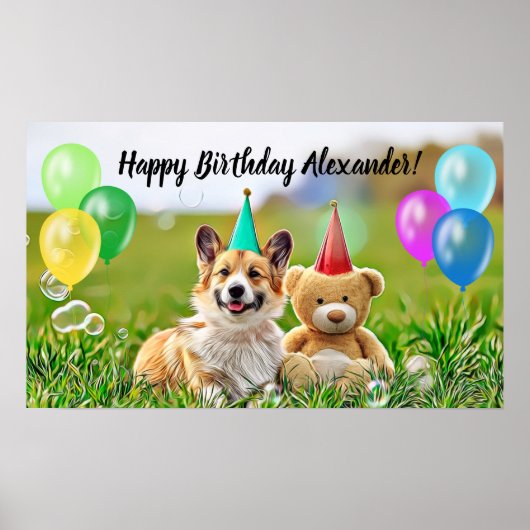 Cute Corgi Happy Birthday Party Poster (Voorkant)