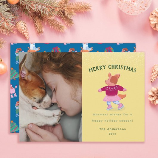 Cute Corgi Ice Skating Mustard Yellow Christmas  Feestdagenkaart