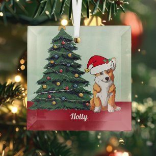 Cute Corgi in Santa Hat Persoonlijke Kerstmis Glas Ornament