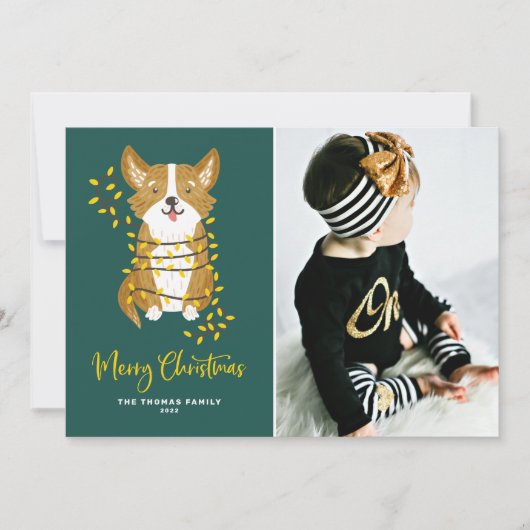 Cute Corgi in String Lights Merry-kerstfoto Feestdagenkaart (Voorkant)