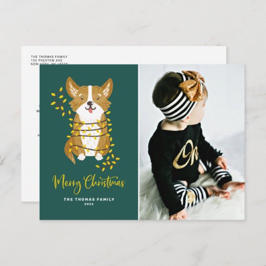 Cute Corgi in String Lights Merry-kerstfoto Feestdagenkaart (Voorkant / Achterkant)