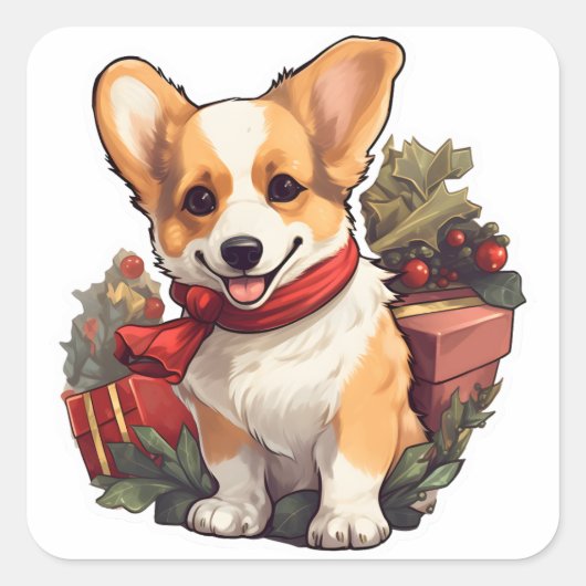 Cute Corgi Merry Kerstmis Vierkante Sticker (Voorkant)