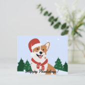Cute Corgi met Santa Hat in sneeuw met bomen Feestdagenkaart (Staand voorkant)