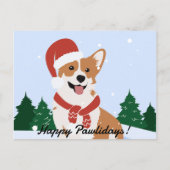Cute Corgi met Santa Hat in sneeuw met bomen Feestdagenkaart (Voorkant)
