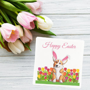 Cute Corgi Paaster Bunny Tulip Flowers Party Servet