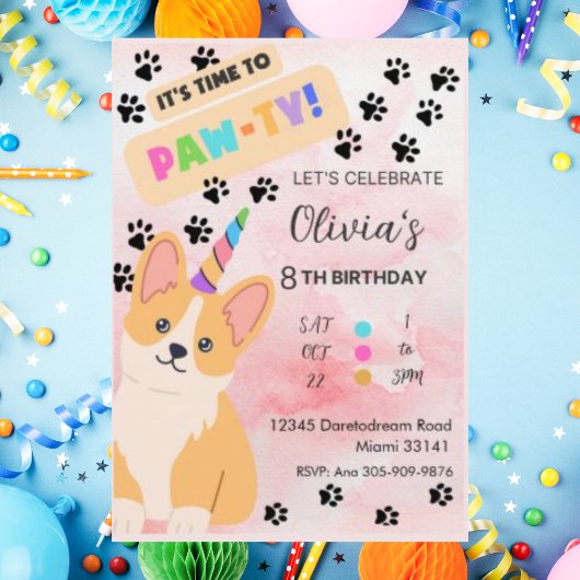 Cute Corgi Puppy Dog Birthday Invitation Kaart