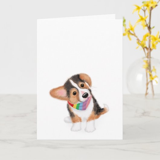 Cute corgi puppy met blanco regenboogbandana kaart (Gele Bloem)