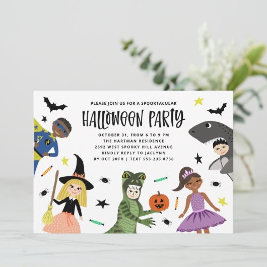Cute Costumes Modern Halloween Party Invitation Kaart (Staand voorkant)