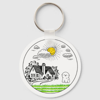 *Cute Cottage & Puppy with Smiling Sun – Circular  Sleutelhanger