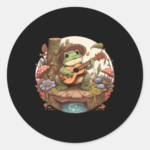 Cute Cottcore Aesthetische kikker die Banjo op zij Ronde Sticker