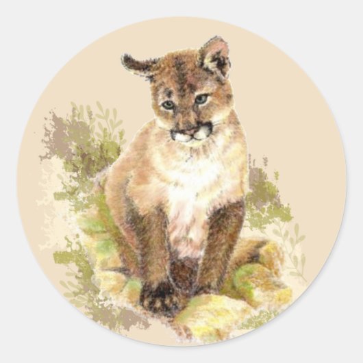 Cute Cougar Mountain Lion Cat Kitten Waterverf Ronde Sticker (Voorkant)