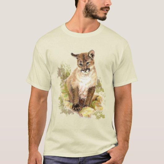 Cute Cougar Mountain Lion Cat Kitten Waterverf T T-shirt (Voorkant)
