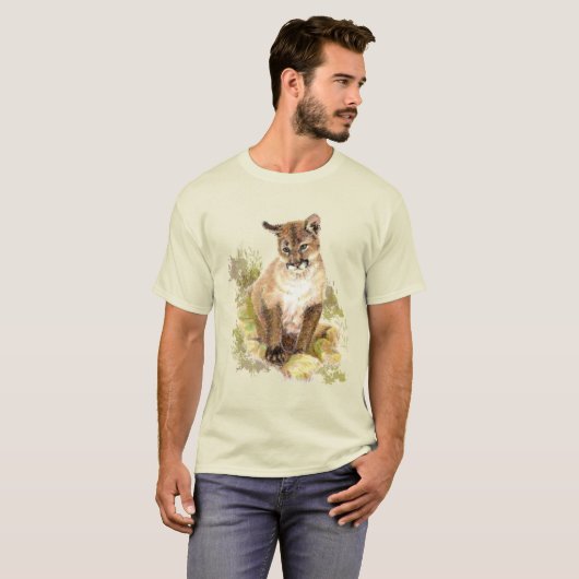 Cute Cougar Mountain Lion Cat Kitten Waterverf T T-shirt (Voorkant volledig)