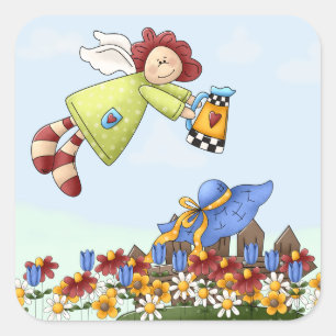 Cute Country Angel Watering Flowers Vierkante Sticker