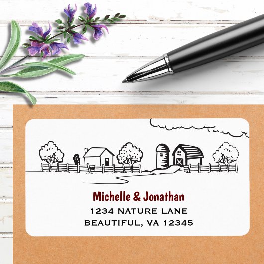 Cute Country Boerderij Black, White en Red Address Etiket