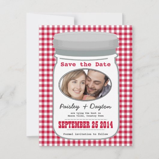 Cute Country Gingham Mason Jar Save the Date (Voorkant)
