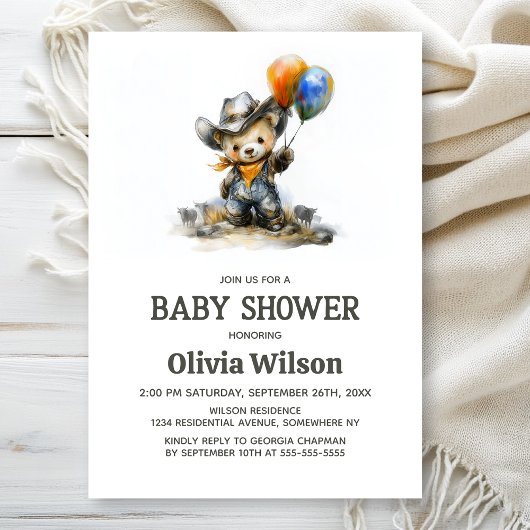 Cute Country Teddy Bear Baby Shower Invitation Kaart