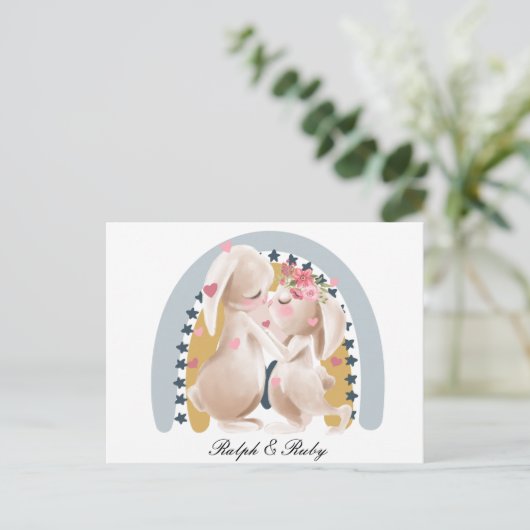 Cute Couple Bunny Rainbow Gepersonaliseerd hem haa Briefkaart (Staand voorkant)