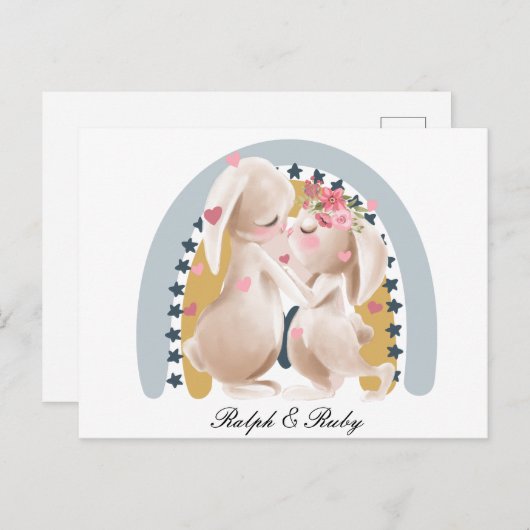 Cute Couple Bunny Rainbow Gepersonaliseerd hem haa Briefkaart (Voorkant / Achterkant)