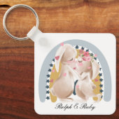Cute Couple Bunny Rainbow Gepersonaliseerd hem haa Sleutelhanger (Voorkant)