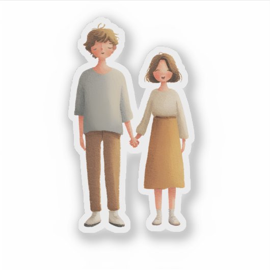 Cute Couple Illustration Sticker, Holding Hands Sticker (Voorkant)