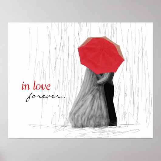 Cute Couple met Red Umbrella Art Poster (Voorkant)