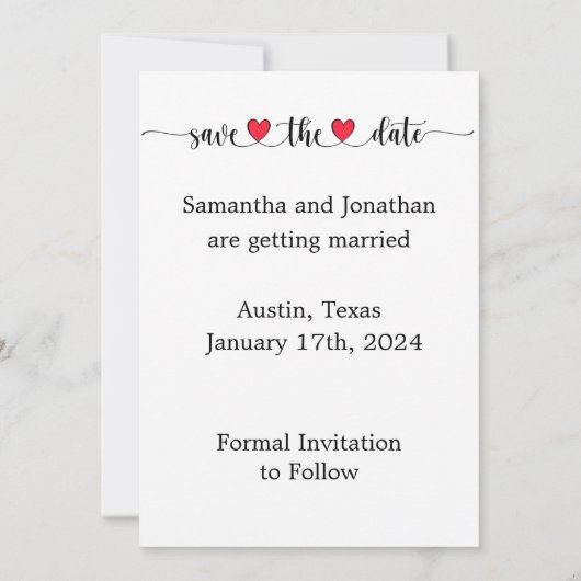 Cute Couple red hart snijdt sparen de datumkaart u Save The Date (Achterkant)