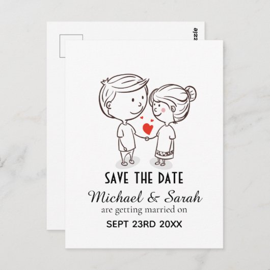 Cute Couple Tekening Save the Date Wedding Briefkaart (Voorkant / Achterkant)