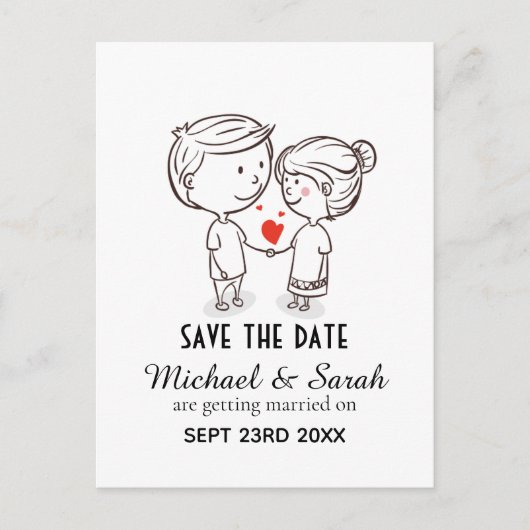 Cute Couple Tekening Save the Date Wedding Briefkaart (Voorkant)